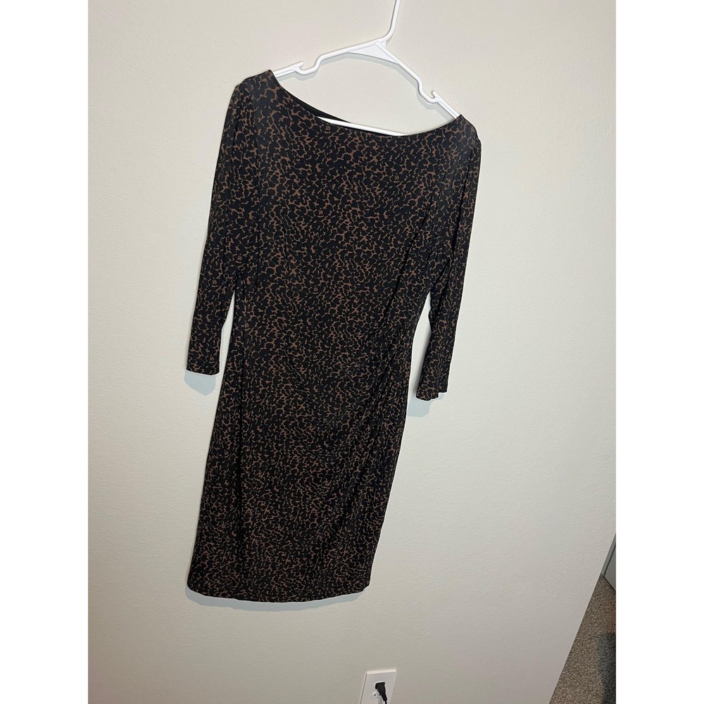 Lauren Ralph Lauren Dress Womens 12 Black Animal Print Ruched Sheath 3/4 Sleeve